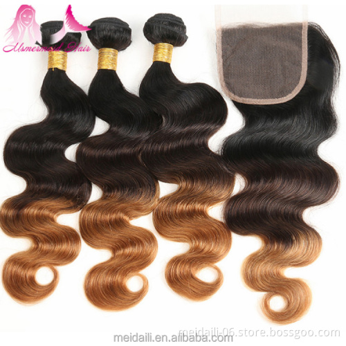 1b/4/27 ombre body wave hair virgin peruvian sew in human hair weave 3 hair bundles with 4*4 closure